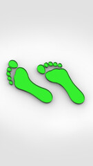 two green glass bare footprints. bare footprint close up. Vertical image. 3D image. 3D rendering.