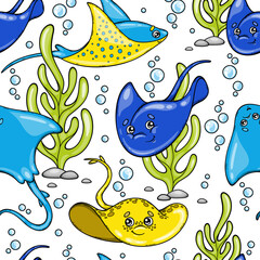 Colorful funny stingrays swimming in the sea. Vector seamless pattern in cartoon style.