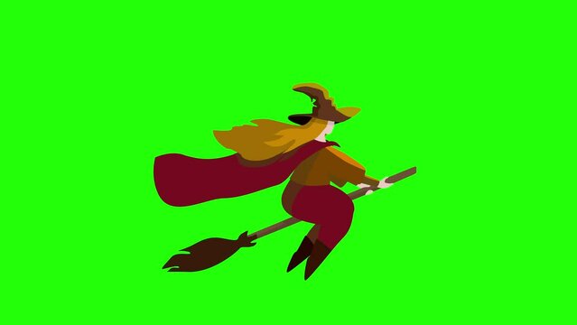 Cartoon witch flying on the broom isolated on green background. Infinite loop animation. Halloween concept.