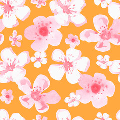 Seamless sakura pattern. Watercolor illustration. Isolated on a yellow background. For design.