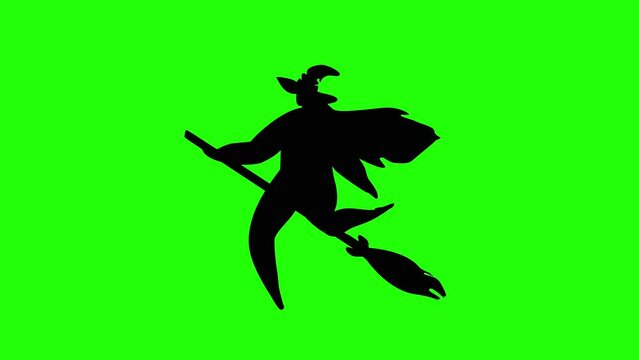 Animated silhouette of witch flying on the broomstick isolated on a green background. Seamless loop.