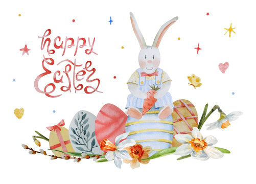 Watercolor print "Happy Easter". Cute hand-drawn spring illustration with eggs, Easter bunny, flowers, leaves and hearts. Clipart for the design of postcards, packaging and festive decor.