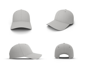 Cap Set of Various Angle View. Sports Uniform Headwear Clothing Thematic Collage Template. 3D Illustration. File with Clipping Path.