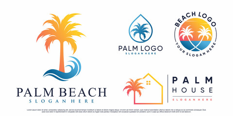 Fototapeta na wymiar Set of palm tree and beach logo design illustration with creative element Premium Vector