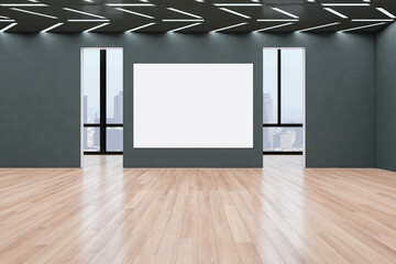 Modern empty concrete exhibition hall interior with wooden flooring, blank white poster, windows and city view, many doors and mock up place on walls. 3D Rendering.