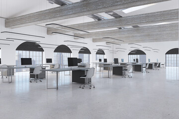 Obraz premium Modern coworking office interior with empty computer screens on desks, concrete flooring and window with city view. Workplace concept. 3D Rendering.