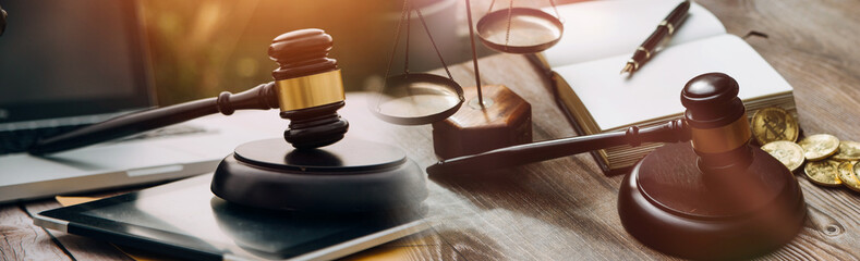 Business and lawyers discussing contract papers with brass scale on desk in office. Law, legal...