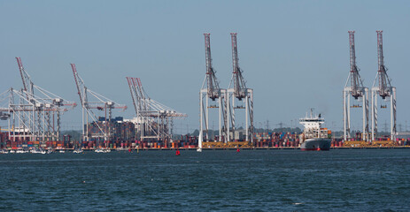 Southampton, England, UK. 2022. View of cranes and shipping at DP World container terminal and a...