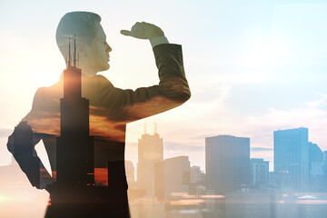 Abstract silhouette of businessman looking into the distance on bright city background with mock up place. Future, tomorrow, leadership and CEO concept. Double exposure.