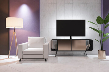 Modern white light living room interior with furniture and empty black TV screen. Lifestyle advertisement concept. Mock up, 3D Rendering.