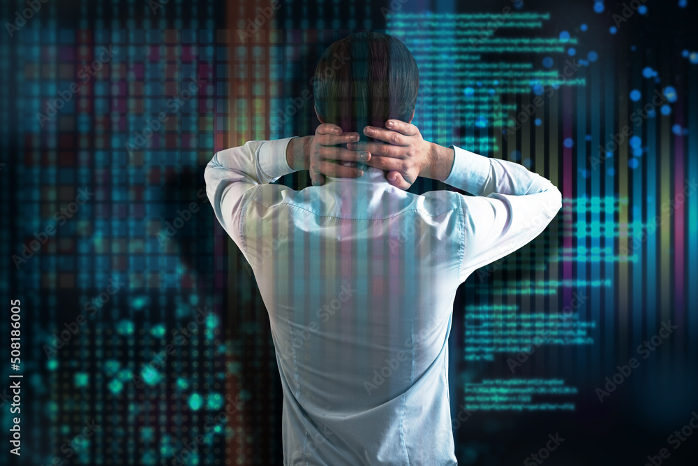 Aufkleber  businessman with hands on neck standing on abstract glitching background with coding and tech information. Database, html language and science concept. Double exposure.