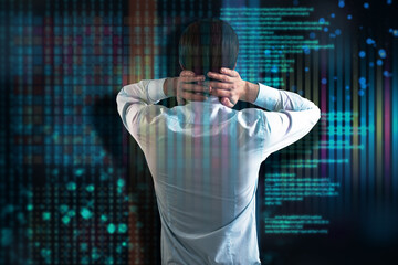  businessman with hands on neck standing on abstract glitching background with coding and tech...