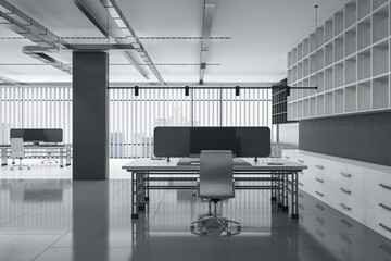 Luxury black and white office interior with desk partition and equipment, window with city view and daylight. Law and legal concept. 3D Rendering.