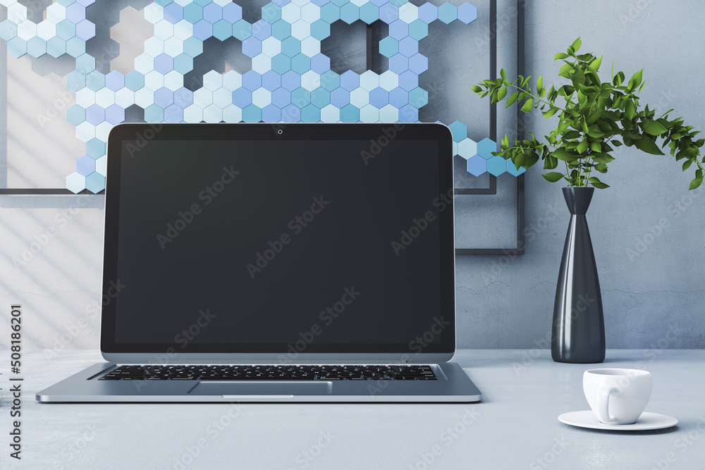 Poster Close up of creative designer desktop with empty laptop computer screen, green plant in vase and decorative mosaic, coffee cup. Mock up and 3D Rendering concept.