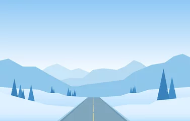 Poster winter jpeg illustration: Winter snowy flat cartoon mountains landscape with road, hills and pines. Christmas background. jpg image  © RSLN