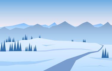 winter jpeg illustration: Winter snowy flat cartoon mountains landscape with road, hills and pines. Christmas background. jpg image
