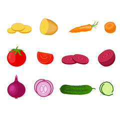 image jpg illustration vegetable set. Carrot, potato, zucchini, beetroot, onion, tomato, cucumber in cartoon flat style. Vegetarian concept jpeg illustration isolated 