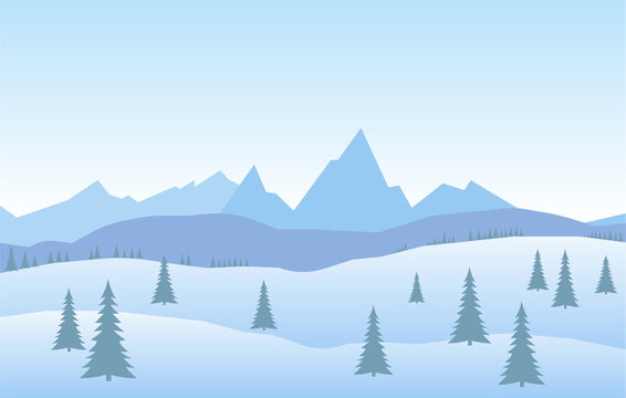 winter jpeg illustration: Winter snowy flat cartoon mountains landscape with road, hills and pines. Christmas background. jpg image
