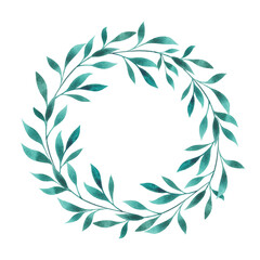 Floral emerald green round wreath, frame, border, blank, template isolated on white. Watercolor botanical illustration for copy space, card, greeting, invitation. Green leaves circle design element.