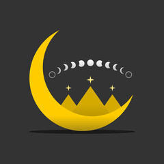 Pyramid triangle on yellow crescent moon with white moon different phases or lunar phases mysterious astrology magic on black background flat vector design icon.