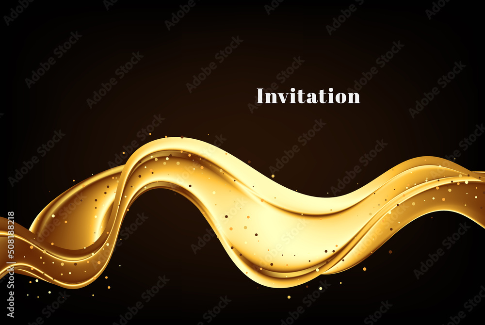 Poster abstract vector flow, shiny golden wave design element, with glitter effect on dark background.