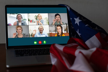 laptop with video chat, flag of the usa
