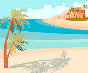 Fototapeta na wymiar Horizontal banner of abstract seascape with palm tree and island