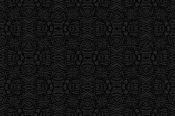 Embossed black background, ethnic cover design. Geometric 3D pattern, vintage creative texture in hand drawn and art deco style. Art of the peoples of the East, Asia, India, Mexico, Aztecs, Peru.