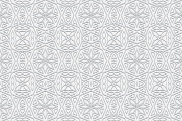 Embossed white background, ethnic cover design. Geometric 3D pattern, vintage openwork floral texture in handmade and art deco style. Art of the peoples of the East, Asia, India, Mexico, Aztecs, Peru.