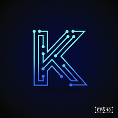 Letter K logo design template,Technology abstract dot connection cross vector logo icon circle logotype