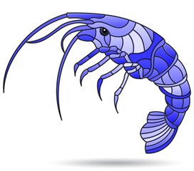 A stained glass illustration with an abstracti shrimp, the animal isolated on a white background,monochrome,tone blue 