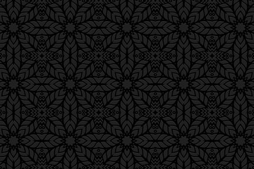Embossed black background, ethnic cover design. Geometric 3D pattern, vintage floral texture in hand drawn and art deco style. Art of the peoples of the East, Asia, India, Mexico, Aztecs, Peru.