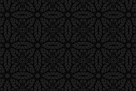 Embossed black background, ethnic cover design. Geometric 3D pattern, vintage floral texture in hand drawn and art deco style. Art of the peoples of the East, Asia, India, Mexico, Aztecs, Peru.