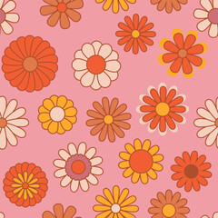 Fototapeta na wymiar Vintage floral background. Hippie style vector seamless pattern. Nostalgic retro 70s groovy print. Textile and surface design in old fashioned colors