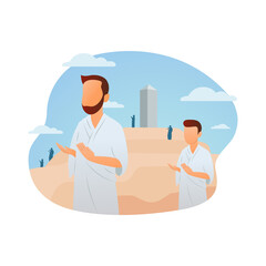 Hajj pilgrims pray at Mount Arafat. Standing on Mount Arafat until the sunset on the 9th day of Dhul Hijjah vector illustration