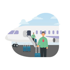 Muslim people get off the plane to perform hajj in mecca vector illustration