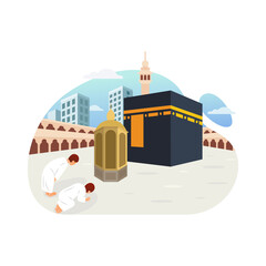 Praying behind the maqam ibrahim after tawaf hajj and umrah vector illustration