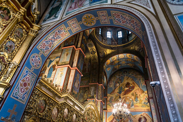 Fototapeta na wymiar Fragments of frescoes wall paintings on the walls of the St. Michael Golden-Domed Cathedral in Kyiv, Ukraine August 2021