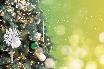 Fototapeta na wymiar Green Tree. Decorated Christmas tree toys. Christmas tree on a bright background