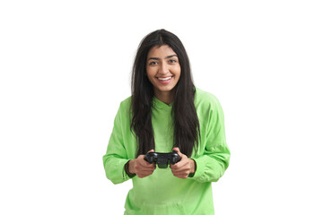 Happy young Venezuelan woman playing a videogame with a joystick. Isolated over white background. © Ladanifer