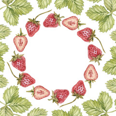 Watercolor round frame with vintage red strawberries and leaves. Isolated on white background.