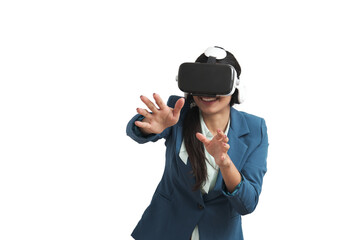Amazed young Venezuelan woman touching the air during the VR experience. Isolated over white background.