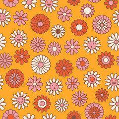 Vintage floral background. Hippie style vector seamless pattern. Nostalgic retro 70s groovy print. Textile and surface design in old fashioned colors