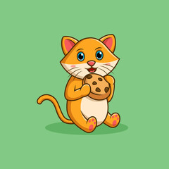 Cute cartoon cat eating cookie. Vector illustration