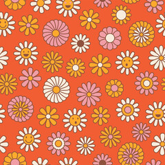 Vintage floral background. Hippie style vector seamless pattern. Nostalgic retro 70s groovy print. Textile and surface design in old fashioned colors