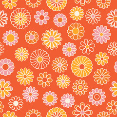 Vintage floral background. Hippie style vector seamless pattern. Nostalgic retro 70s groovy print. Textile and surface design in old fashioned colors