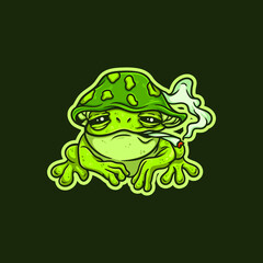Green frog wearing a mushroom beanie and smoking a weed joint vector illustration