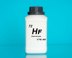 Hafnium Hf chemical element in a laboratory plastic container