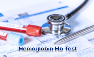 Hemoglobin Hb Test Testing Medical Concept. Checkup list medical tests with text and stethoscope