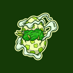 Weed nugget inside a cracked egg shell and covered in smoke vector illustration